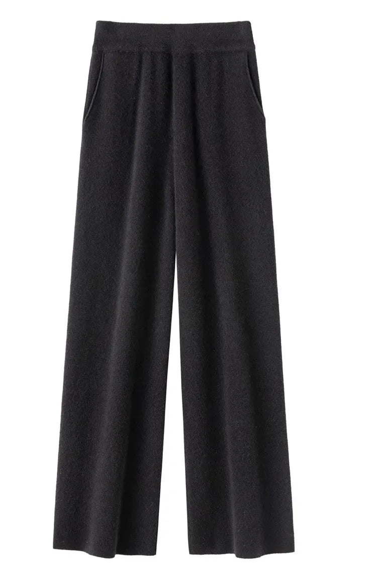 Elegant Pure High Waist Drooping Wide-Leg Pants Women's Outer Wear with Pockets Baggy Straight Trousers Knitted Mop Trousers