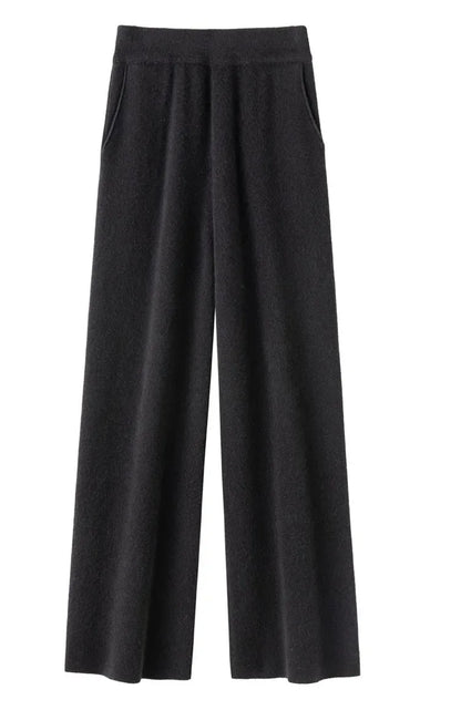 Elegant Pure High Waist Drooping Wide-Leg Pants Women's Outer Wear with Pockets Baggy Straight Trousers Knitted Mop Trousers