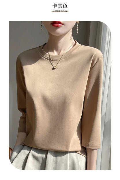 Mercerized Cotton Cropped Sleeve Female Spring And Summer 2023 New Round Neck Loose 100% Cotton Short Sleeve Bottoming T-Shirt