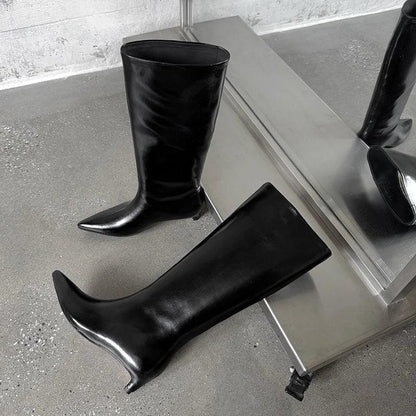 QUTAA News Fashion Winter Women Knee High Boots Pointed Toe Woman Shoes Low Kitten Heels Cow Leather Long Boots Dress Size 34-43
