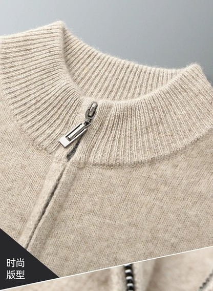 100% Merino Wool Men's Warm Sweater Mock Collar Thickened Zippered Cardigan Autumn Winter New Cashmere Knitted Long Sleeve Tops