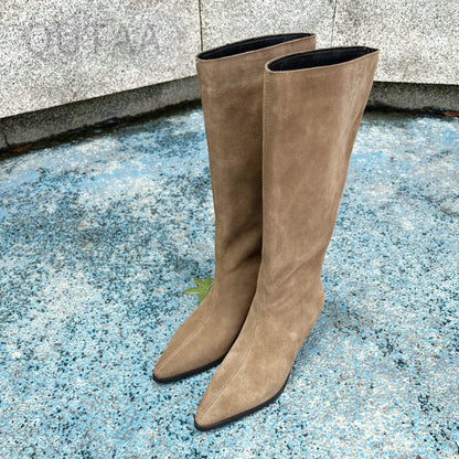 QUTAA Fashion Winter Women Knee High Boots Cow Suede Autumn Shoes Pointed Toe Buckles Chunky High Heels Motorcycle Boots 34-43