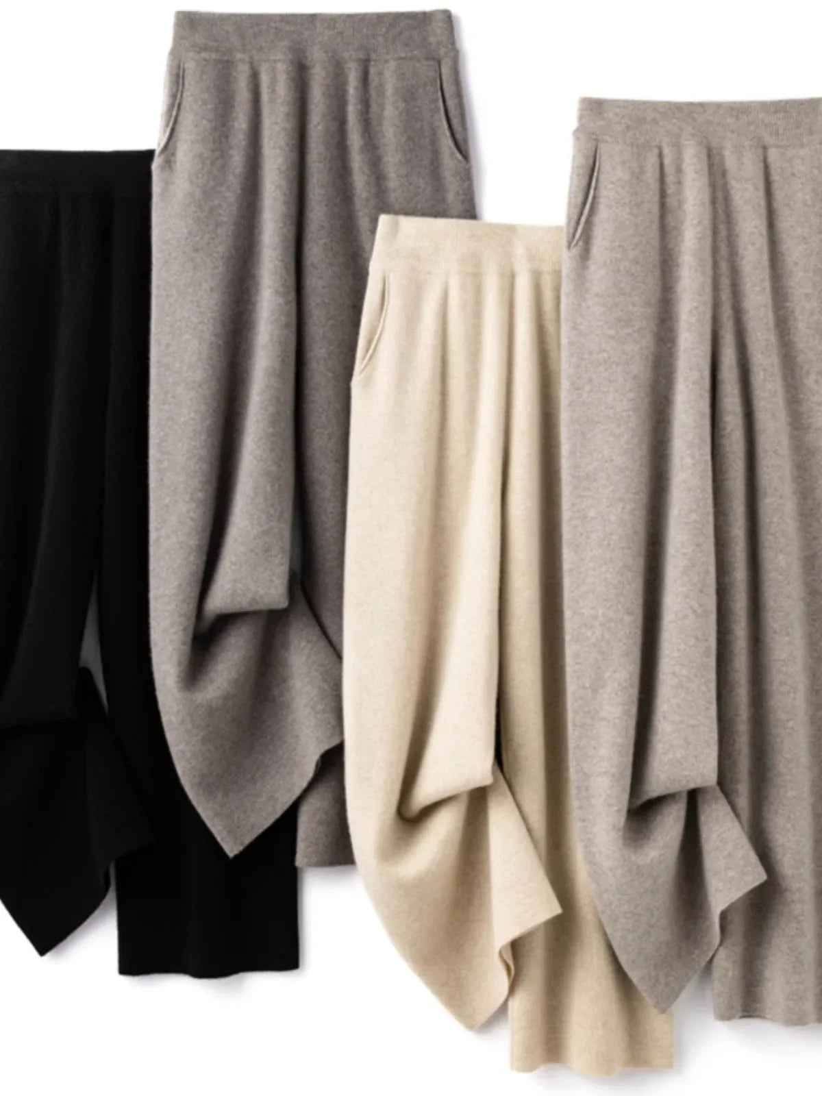 Elegant Pure High Waist Drooping Wide-Leg Pants Women's Outer Wear with Pockets Baggy Straight Trousers Knitted Mop Trousers