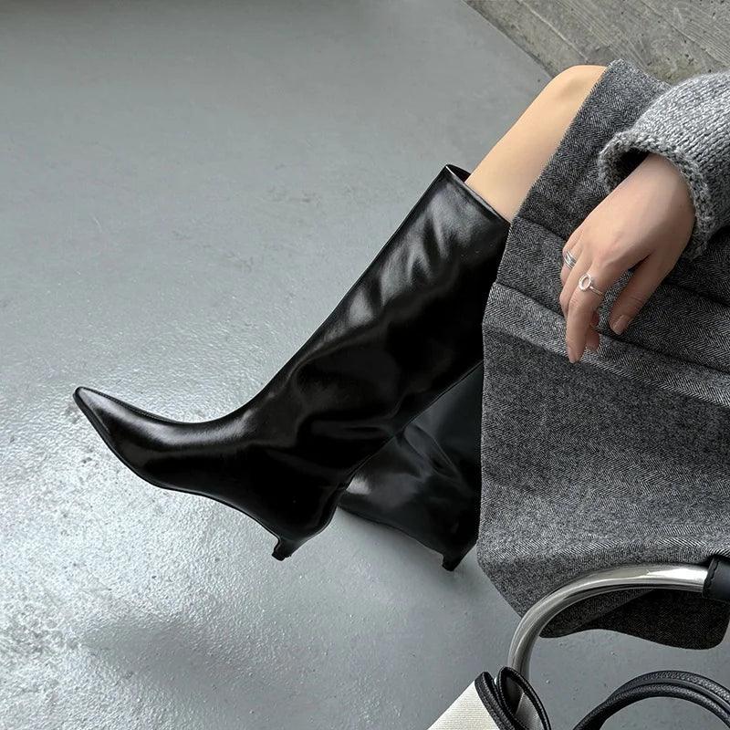 QUTAA News Fashion Winter Women Knee High Boots Pointed Toe Woman Shoes Low Kitten Heels Cow Leather Long Boots Dress Size 34-43