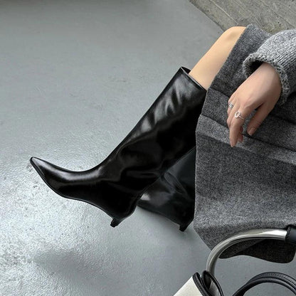 QUTAA News Fashion Winter Women Knee High Boots Pointed Toe Woman Shoes Low Kitten Heels Cow Leather Long Boots Dress Size 34-43
