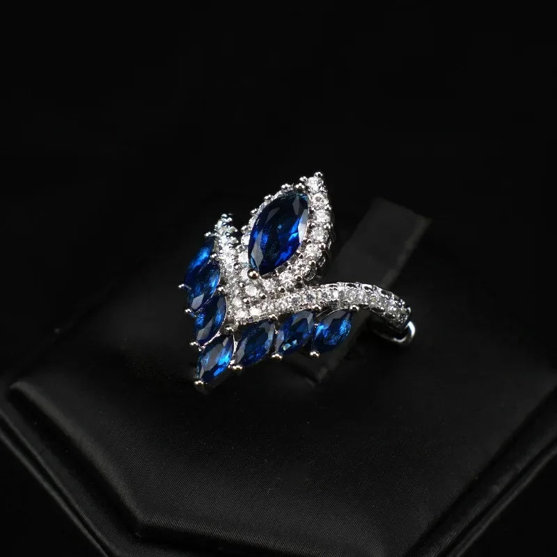 Premium and exquisite crown shaped design water droplet sapphire rings for women luxurious wedding silver 925 blue ring jewelry