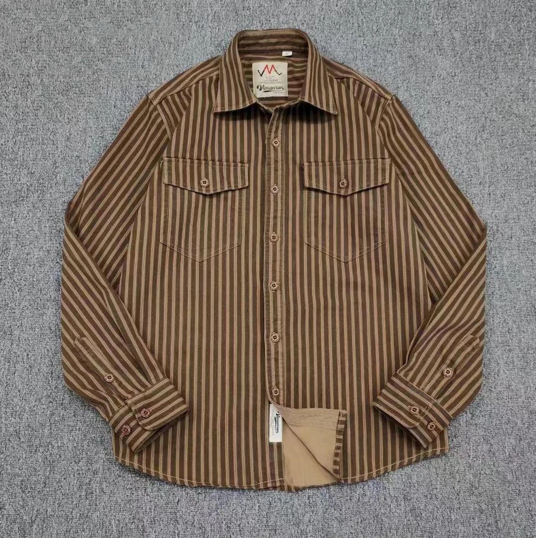 Retro Waed Distred Blue Vertical Stripe Trendy Denim irt Men's Loose American Long Sve Workwear irt Coat