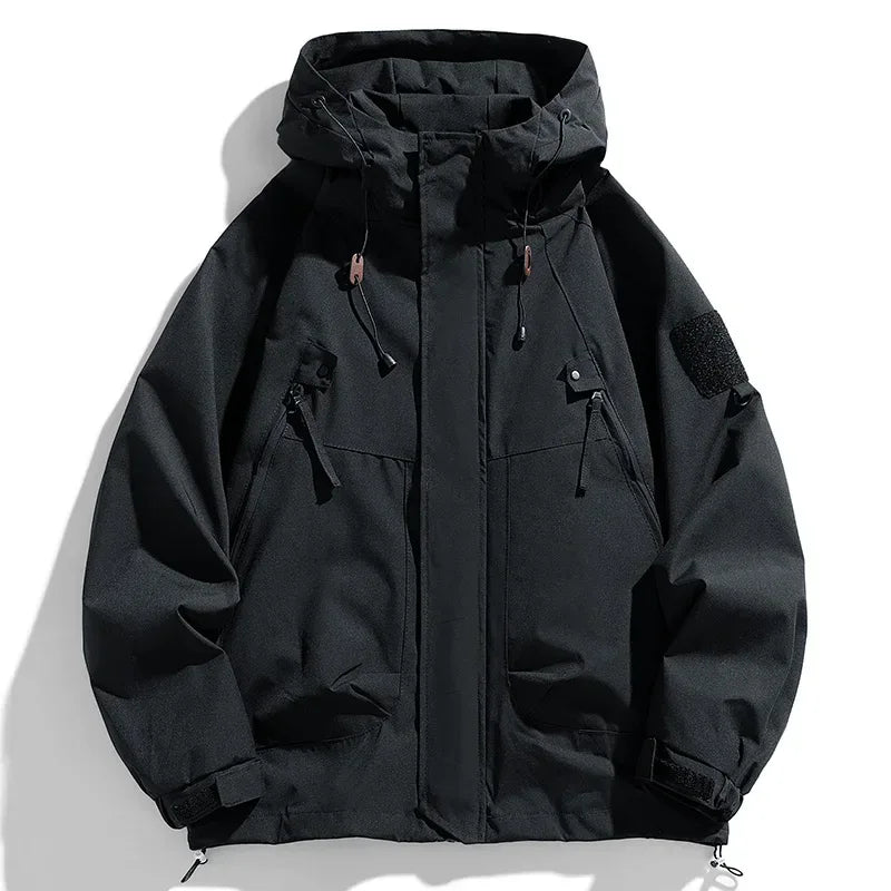 Windbreakers Men Hooded Jacket Zipper Coat Cargo Waterproof Black Bomber Camping Loose Thin Softshell Hooded Hiking Jacket