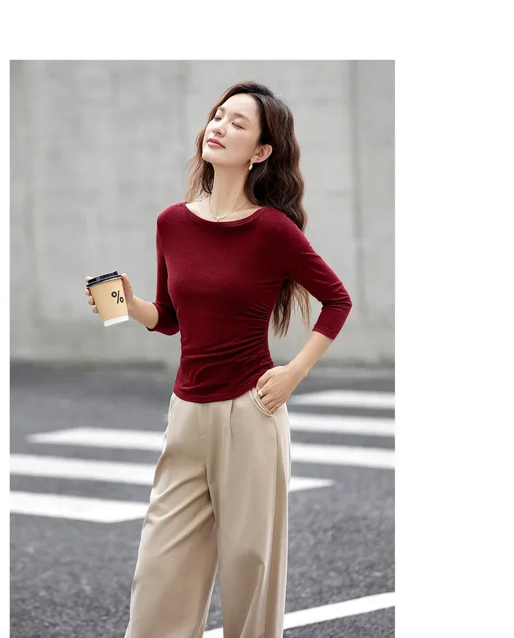 VIMLY Tops Woman 2025 Autumn French Slash Neck Long Sleeve Ladies T-shirts Casual Knitted Slim Fit Strecth Female Tees A3039