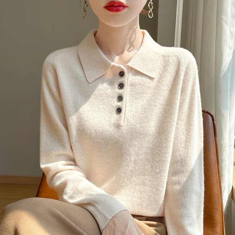 Polo Neck Pullover 100% Merino Wool Women's Solid Color Knit Top Fashion Korean Sweater Autumn and Winter Women's Clothes