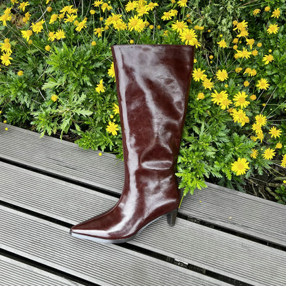 QUTAA Fashion Winter Women Knee High Boots Cow Suede Autumn Shoes Pointed Toe Buckles Chunky High Heels Motorcycle Boots 34-43