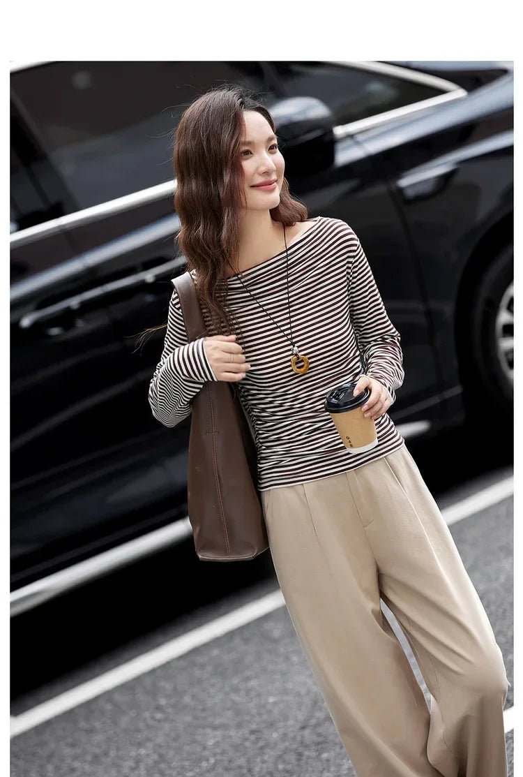 VIMLY Tops Woman 2025 Autumn French Slash Neck Long Sleeve Ladies T-shirts Casual Knitted Slim Fit Strecth Female Tees A3039