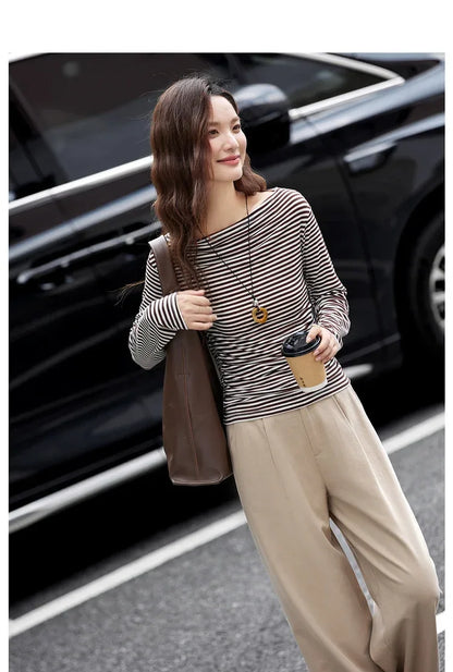 VIMLY Tops Woman 2025 Autumn French Slash Neck Long Sleeve Ladies T-shirts Casual Knitted Slim Fit Strecth Female Tees A3039
