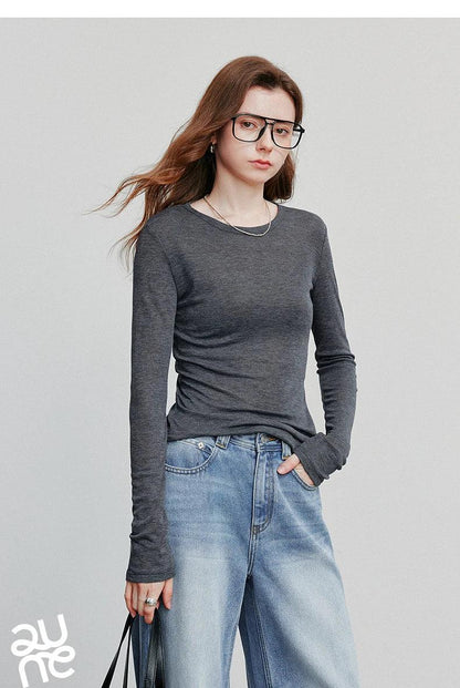TOYOUTH Women T-shirt  2025 Autumn New Slanted Hem Lyocell Wool Slim Fit Long Sleeve Base Tops