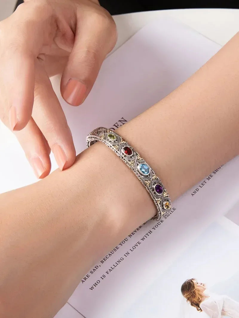 925 Silver Luxury Inlaid Colored Gemstone Bracelet Fashionable Wedding Fine Couple Bangles Jewelry Gift for Girlfriend