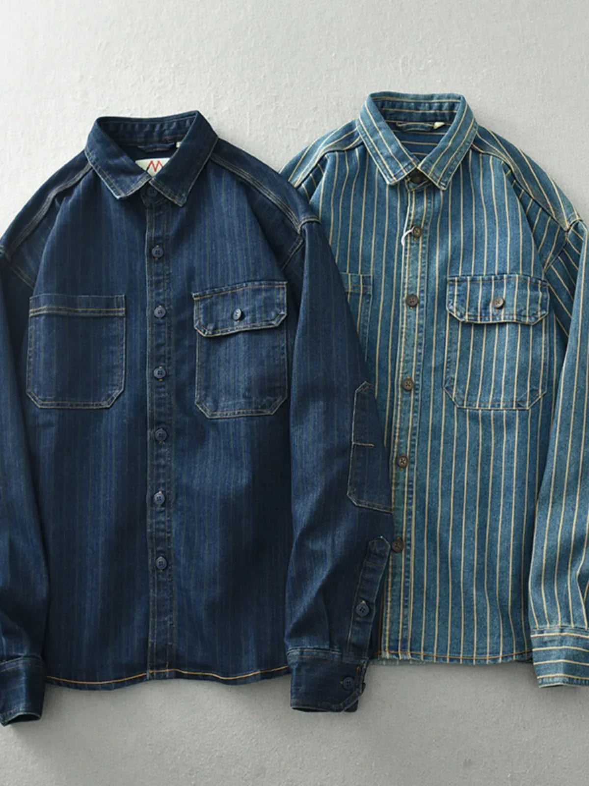 Retro Japanese Sle Men's Denim irt Cotton Long Sve Waed Striped Workwear Loose Fit Outerwear Faion Urban Youth