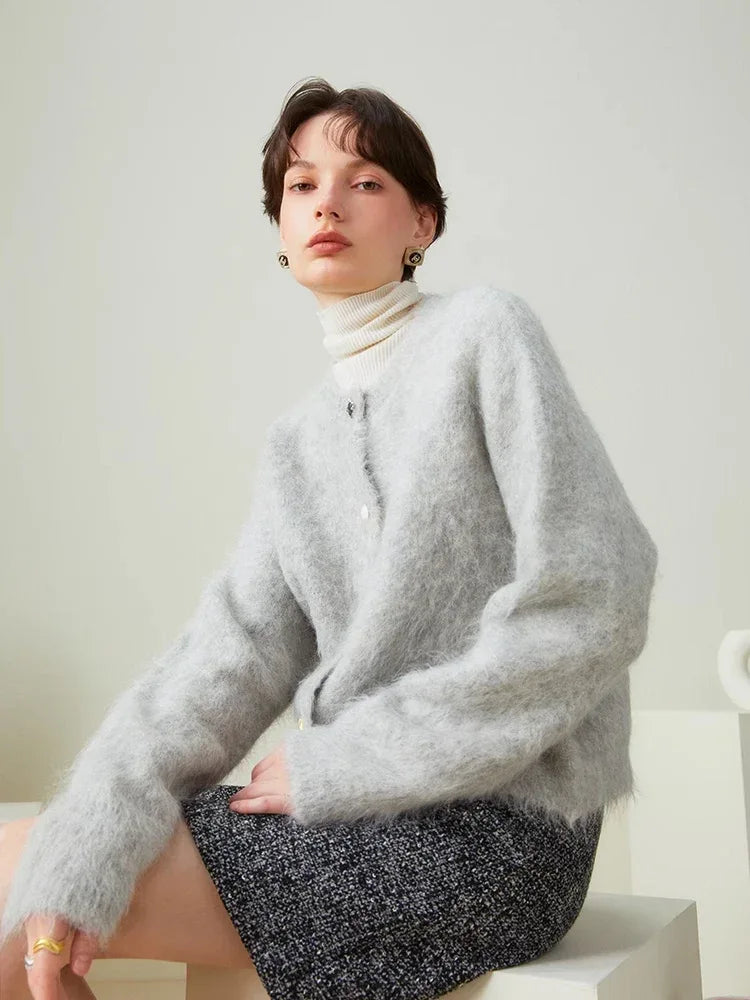 SuyaDream, Women Cardigans, 78%Alpaca, O Neck, Single breasted Solid Sweaters, 2025 Fall Winter Warm Jackets, White, Grey, Pink