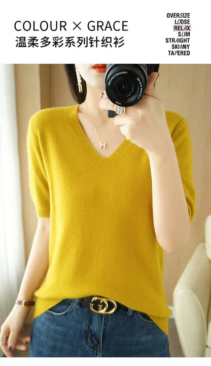 Spring/Summer 2025 Ladies Sweater Pullover Solid Color V-neck Half-sleeved Knitted Cashmere Sweater Thin Casual Top