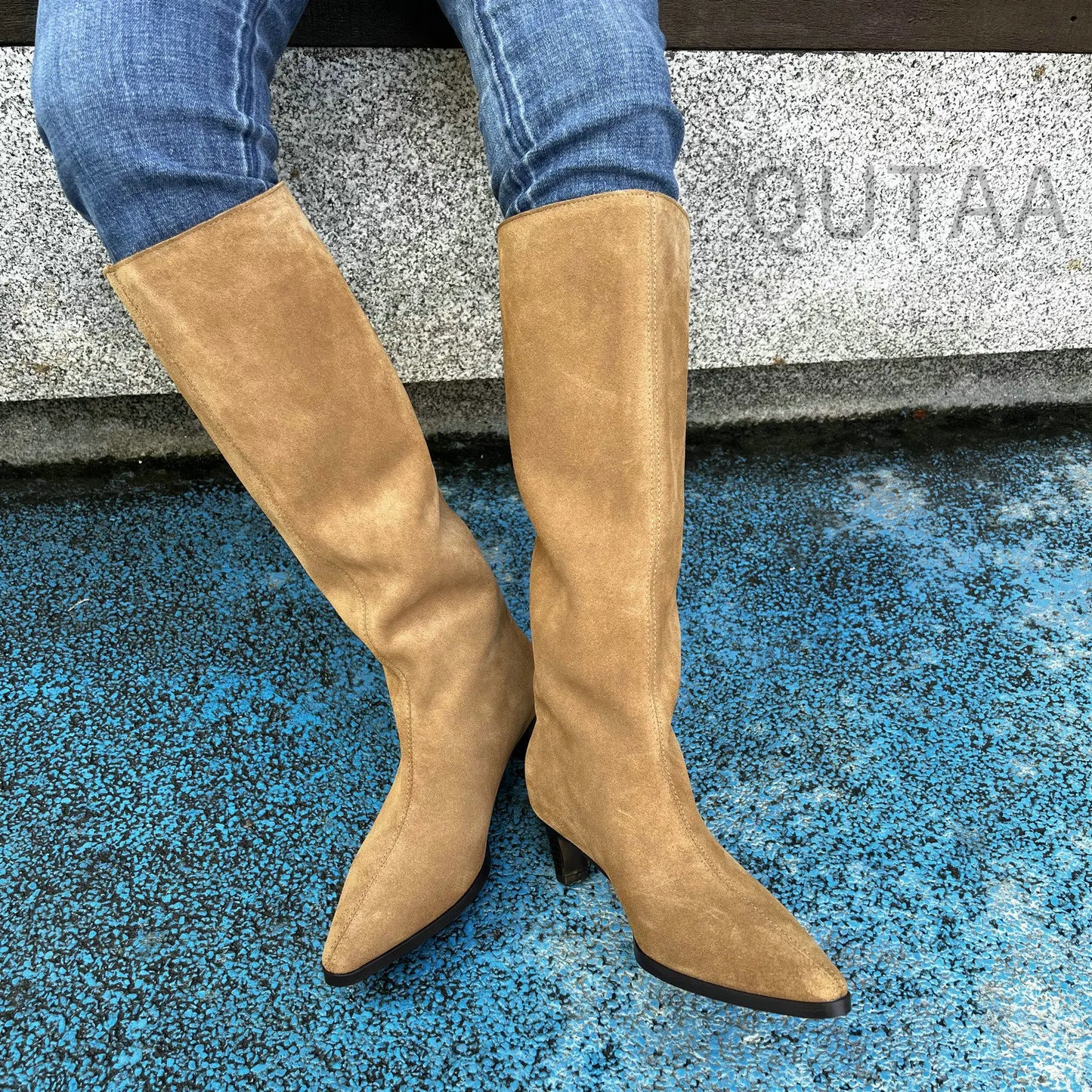 QUTAA Fashion Winter Women Knee High Boots Cow Suede Autumn Shoes Pointed Toe Buckles Chunky High Heels Motorcycle Boots 34-43