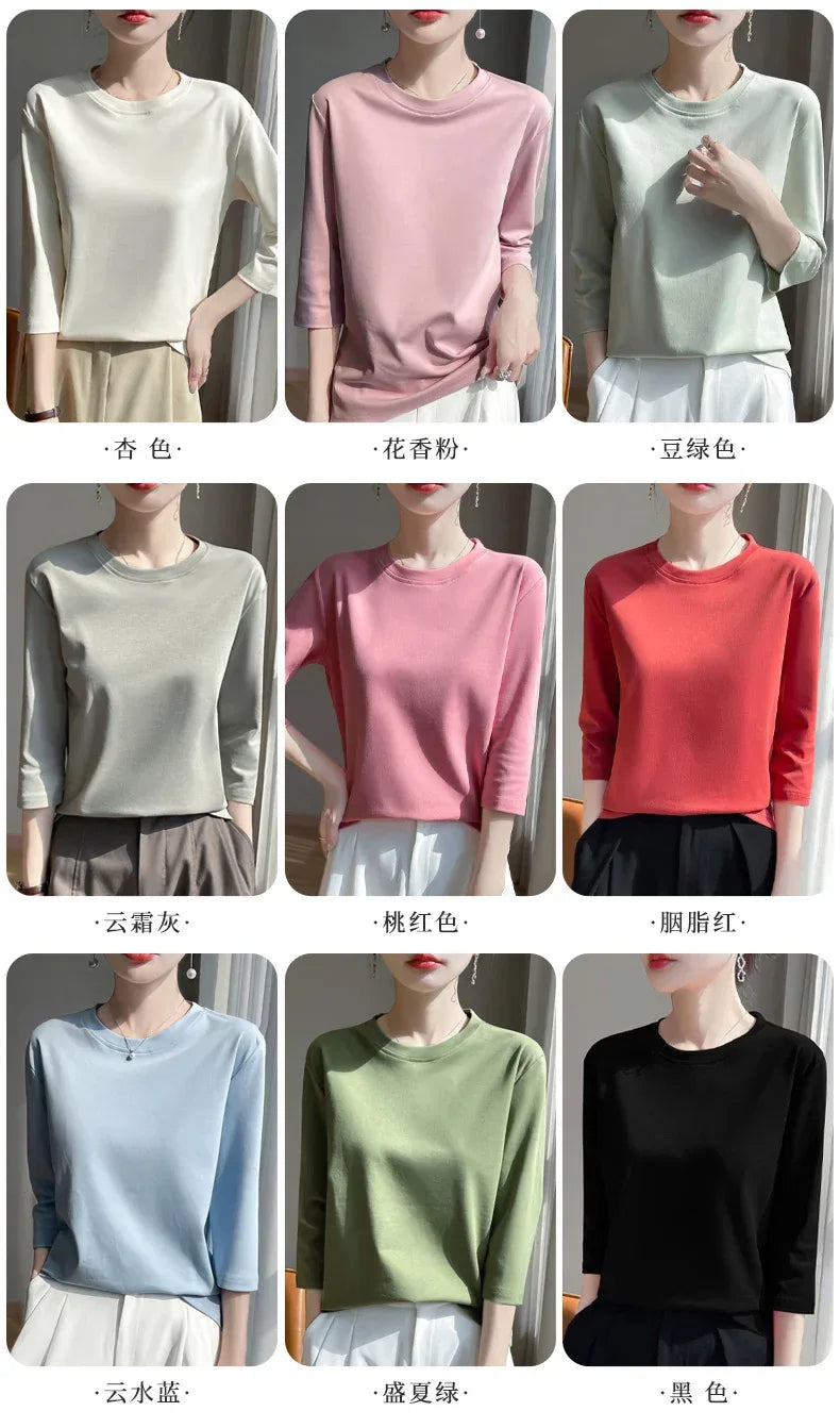 Mercerized Cotton Cropped Sleeve Female Spring And Summer 2023 New Round Neck Loose 100% Cotton Short Sleeve Bottoming T-Shirt