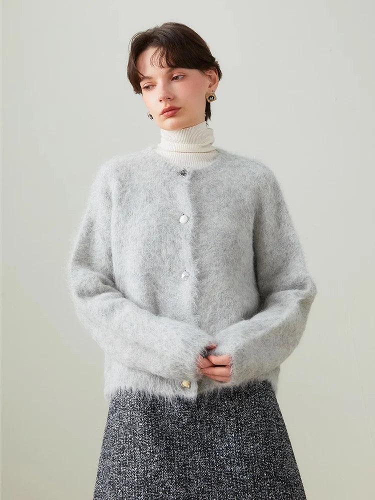 SuyaDream, Women Cardigans, 78%Alpaca, O Neck, Single breasted Solid Sweaters, 2025 Fall Winter Warm Jackets, White, Grey, Pink