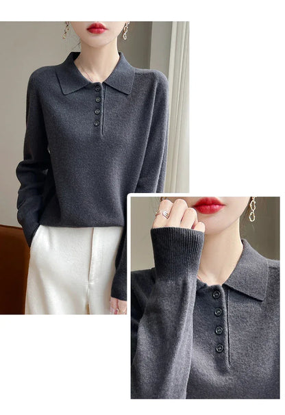 Polo Neck Pullover 100% Merino Wool Women's Solid Color Knit Top Fashion Korean Sweater Autumn and Winter Women's Clothes