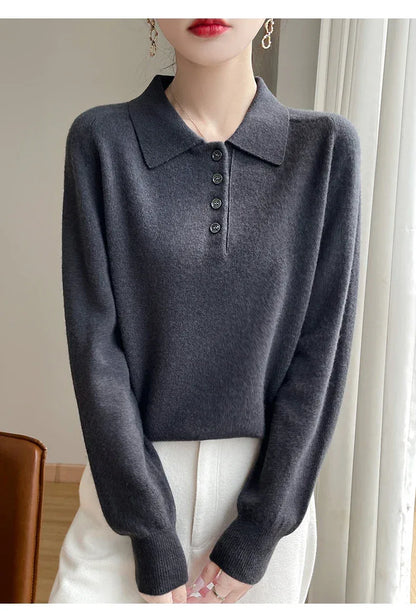 Polo Neck Pullover 100% Merino Wool Women's Solid Color Knit Top Fashion Korean Sweater Autumn and Winter Women's Clothes