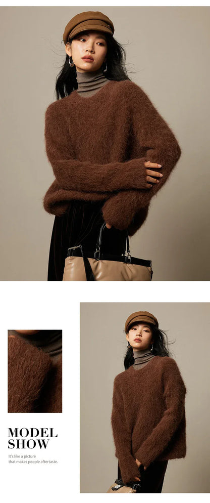 SuyaDream Warm Alpaca Pullovers for Woman, Dropped Sleeved Loose Sweaters, 2025 Fall Winter Top, Camel, Beige