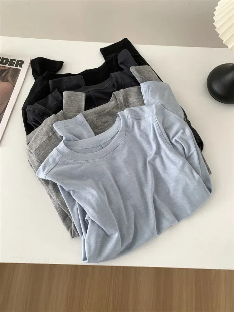 Silk Wool Splice Long Sleeve T-shirt Women Spring Summer Thin Soft Waxy Fit Solid Color Backing Top