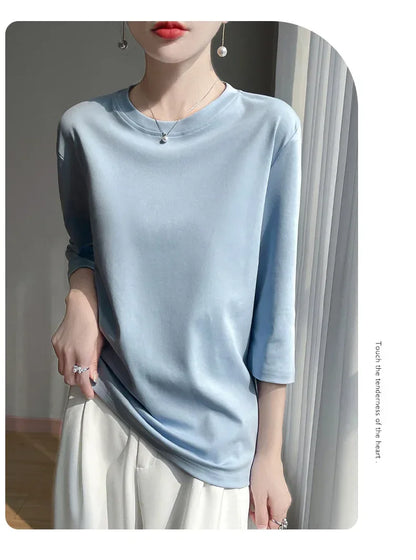 Mercerized Cotton Cropped Sleeve Female Spring And Summer 2023 New Round Neck Loose 100% Cotton Short Sleeve Bottoming T-Shirt