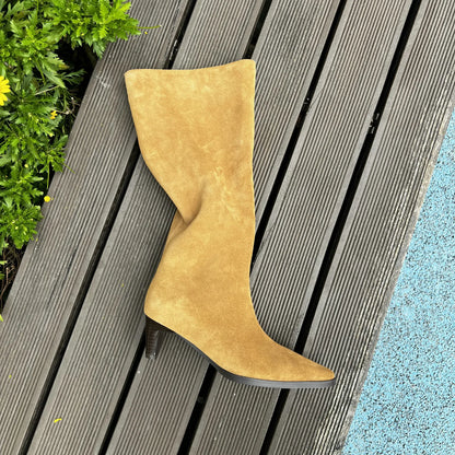 QUTAA Fashion Winter Women Knee High Boots Cow Suede Autumn Shoes Pointed Toe Buckles Chunky High Heels Motorcycle Boots 34-43