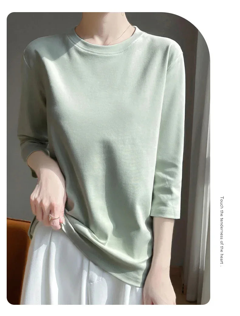 Mercerized Cotton Cropped Sleeve Female Spring And Summer 2023 New Round Neck Loose 100% Cotton Short Sleeve Bottoming T-Shirt