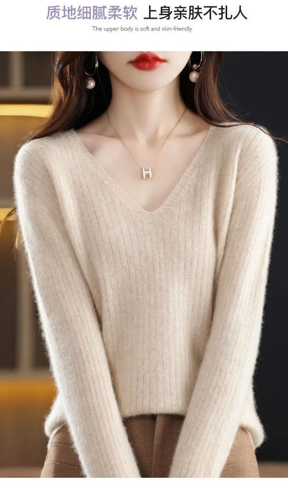 Chic Casual Autumn Winter Basic Sweater Pullovers Women V-neck Solid Knit Loose Pullover Female Long Sleeve Warm Khaki Sweater