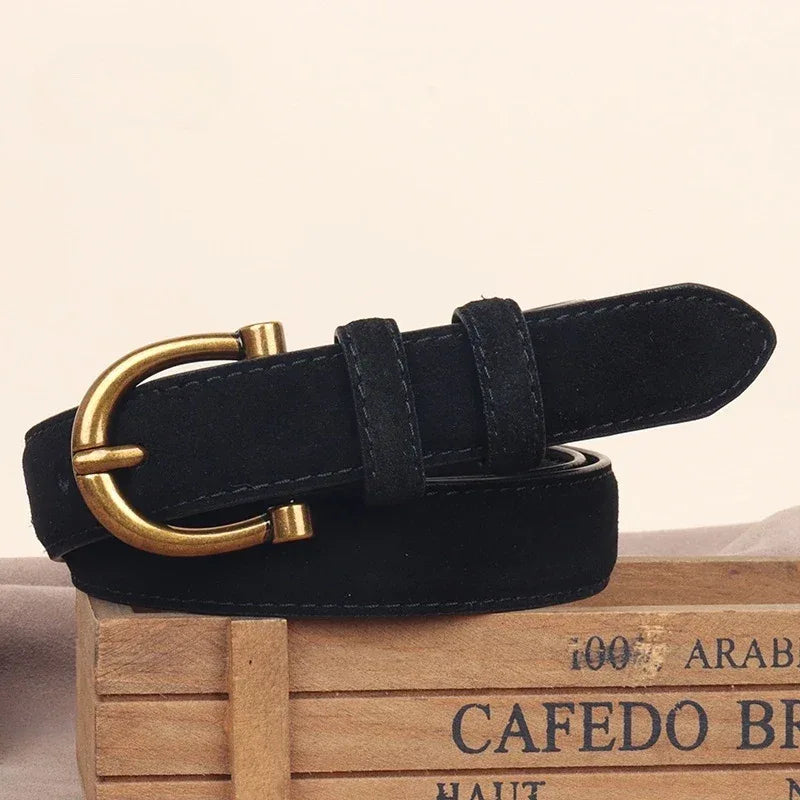 Genuine Leather Suede Women Belt Fashion Skinny Waistband Retro Gold Buckle Brown Belts for Jeans Pants