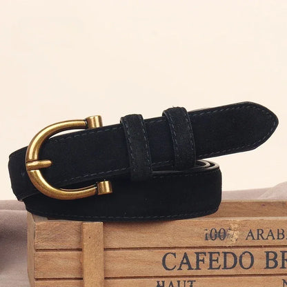 Genuine Leather Suede Women Belt Fashion Skinny Waistband Retro Gold Buckle Brown Belts for Jeans Pants