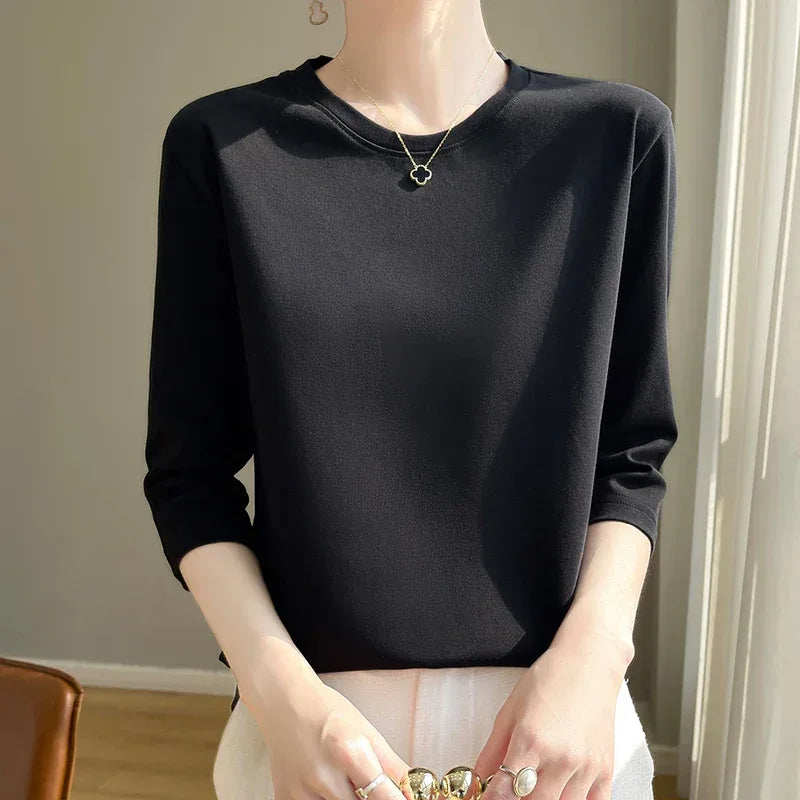 Mercerized Cotton Cropped Sleeve Female Spring And Summer 2023 New Round Neck Loose 100% Cotton Short Sleeve Bottoming T-Shirt