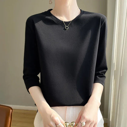 Mercerized Cotton Cropped Sleeve Female Spring And Summer 2023 New Round Neck Loose 100% Cotton Short Sleeve Bottoming T-Shirt