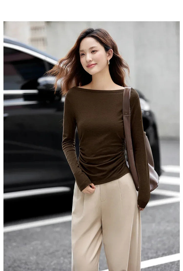VIMLY Tops Woman 2025 Autumn French Slash Neck Long Sleeve Ladies T-shirts Casual Knitted Slim Fit Strecth Female Tees A3039