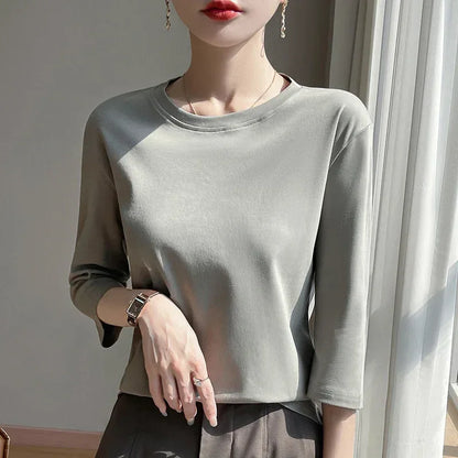Mercerized Cotton Cropped Sleeve Female Spring And Summer 2023 New Round Neck Loose 100% Cotton Short Sleeve Bottoming T-Shirt