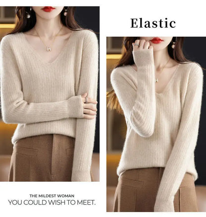 Chic Casual Autumn Winter Basic Sweater Pullovers Women V-neck Solid Knit Loose Pullover Female Long Sleeve Warm Khaki Sweater