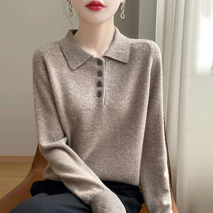Polo Neck Pullover 100% Merino Wool Women's Solid Color Knit Top Fashion Korean Sweater Autumn and Winter Women's Clothes
