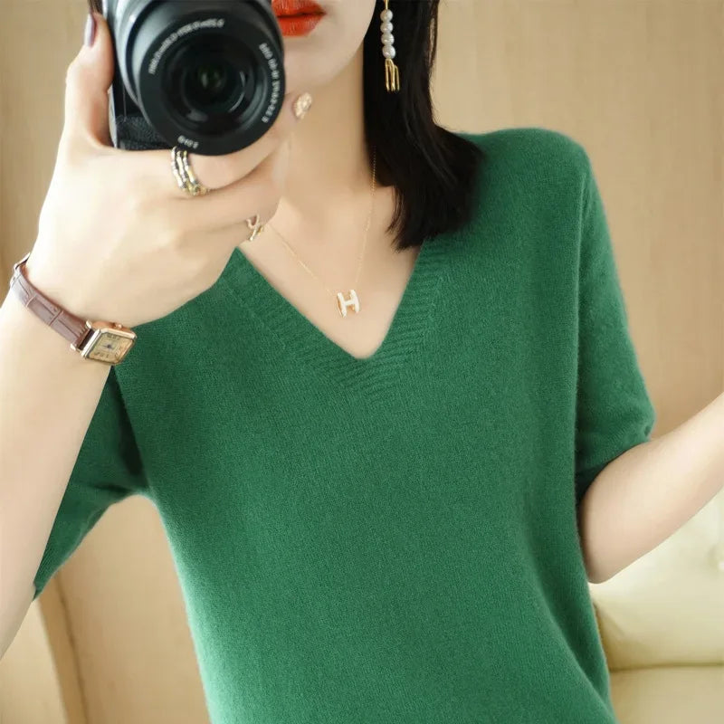 Spring/Summer 2025 Ladies Sweater Pullover Solid Color V-neck Half-sleeved Knitted Cashmere Sweater Thin Casual Top