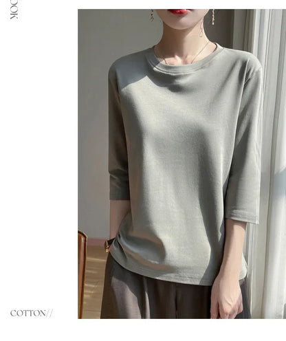 Mercerized Cotton Cropped Sleeve Female Spring And Summer 2023 New Round Neck Loose 100% Cotton Short Sleeve Bottoming T-Shirt