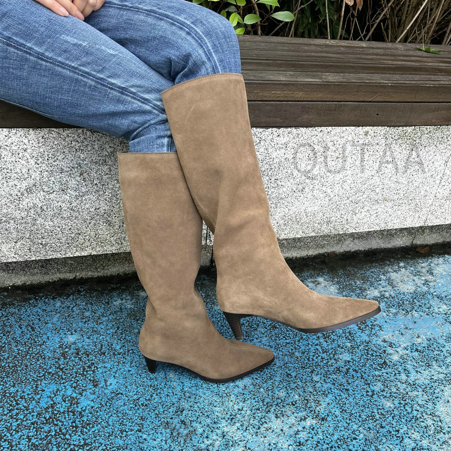 QUTAA Fashion Winter Women Knee High Boots Cow Suede Autumn Shoes Pointed Toe Buckles Chunky High Heels Motorcycle Boots 34-43