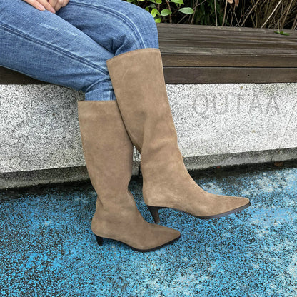 QUTAA Fashion Winter Women Knee High Boots Cow Suede Autumn Shoes Pointed Toe Buckles Chunky High Heels Motorcycle Boots 34-43