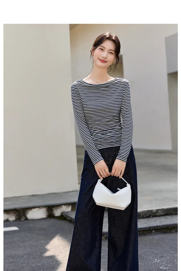VIMLY Tops Woman 2025 Autumn French Slash Neck Long Sleeve Ladies T-shirts Casual Knitted Slim Fit Strecth Female Tees A3039