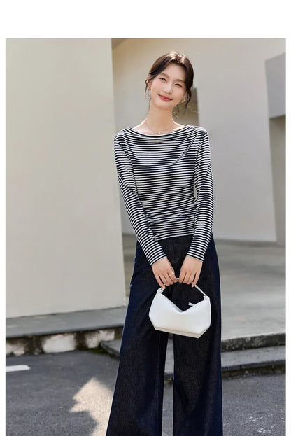 VIMLY Tops Woman 2025 Autumn French Slash Neck Long Sleeve Ladies T-shirts Casual Knitted Slim Fit Strecth Female Tees A3039