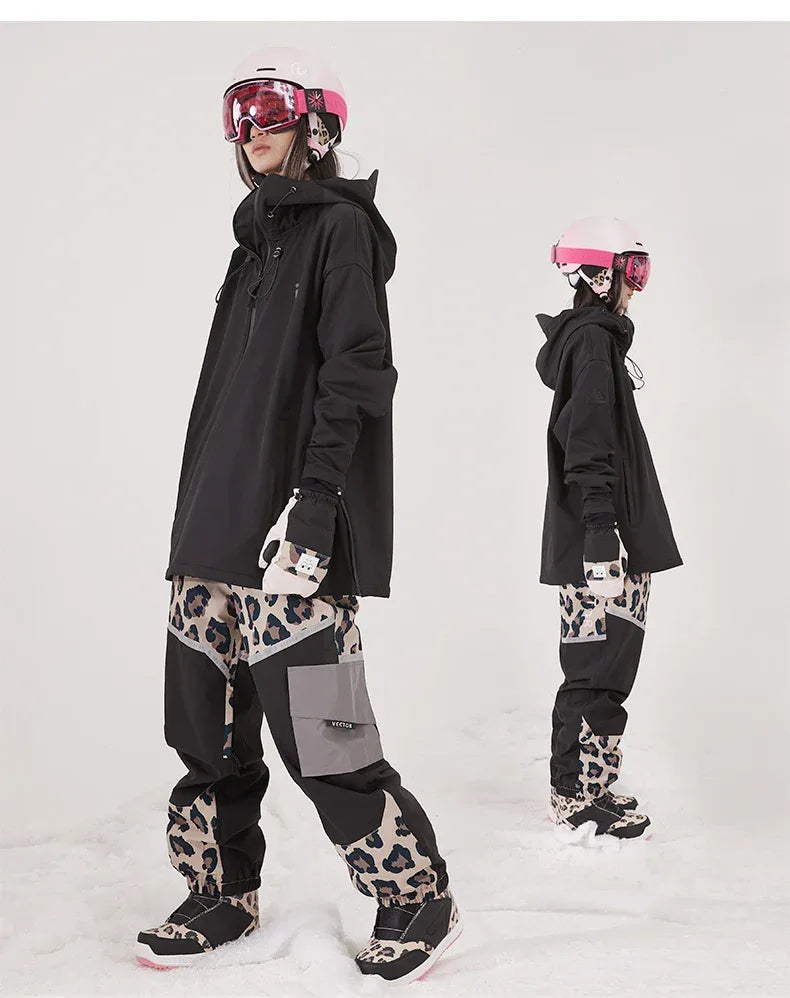 Men Women Solid Color Ski Jacket Ski Pants Warm Windproof Winter Overalls Hoodie Waterproof Outdoor Sports Clothing Snowboard