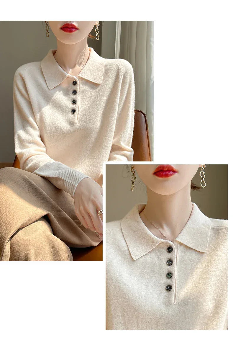 Polo Neck Pullover 100% Merino Wool Women's Solid Color Knit Top Fashion Korean Sweater Autumn and Winter Women's Clothes