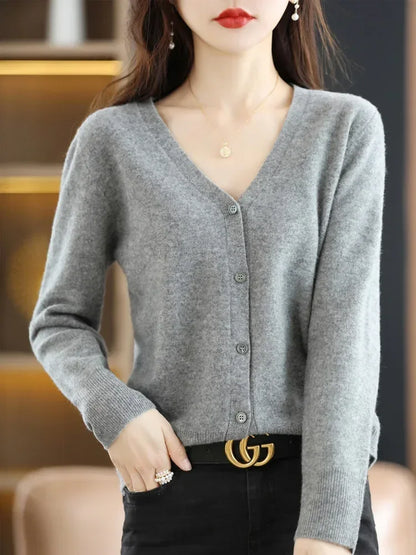 Women Cardigans V-neck Long Sleeve Knitted Outerwear Solid Thin Spring Autumn Sweaters Knitwears Korean Fashion Red Cardigans